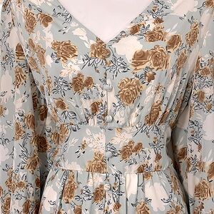 Floral Light Pastel Blue Tan Deep V Neck Puffy Long Sleeve Ruffle Maxi Dress